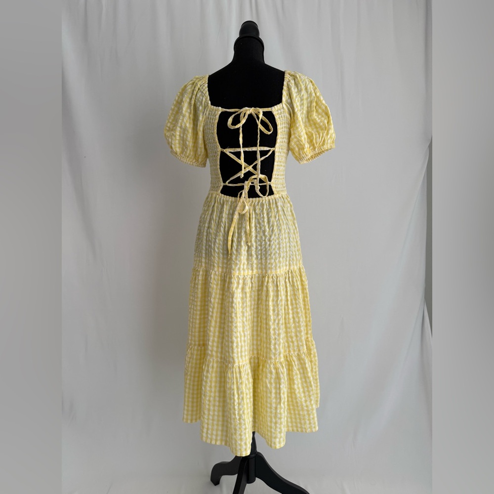NWT Yellow Gingham Smocked Midi Dress Puff Sleeve Cottagecore Resort Vacation M - Picture 15 of 17